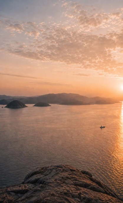 夕景の海と人物